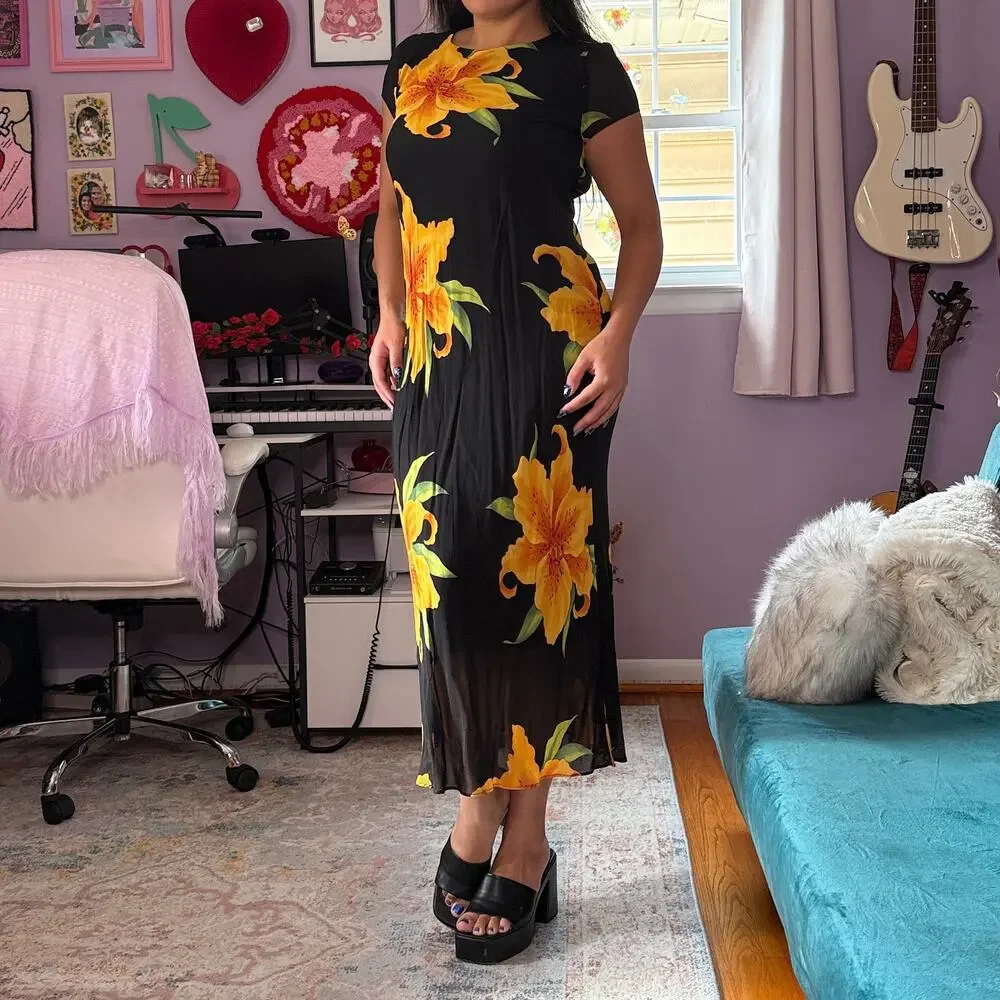 Vintage 90s black daffodil print maxi dress